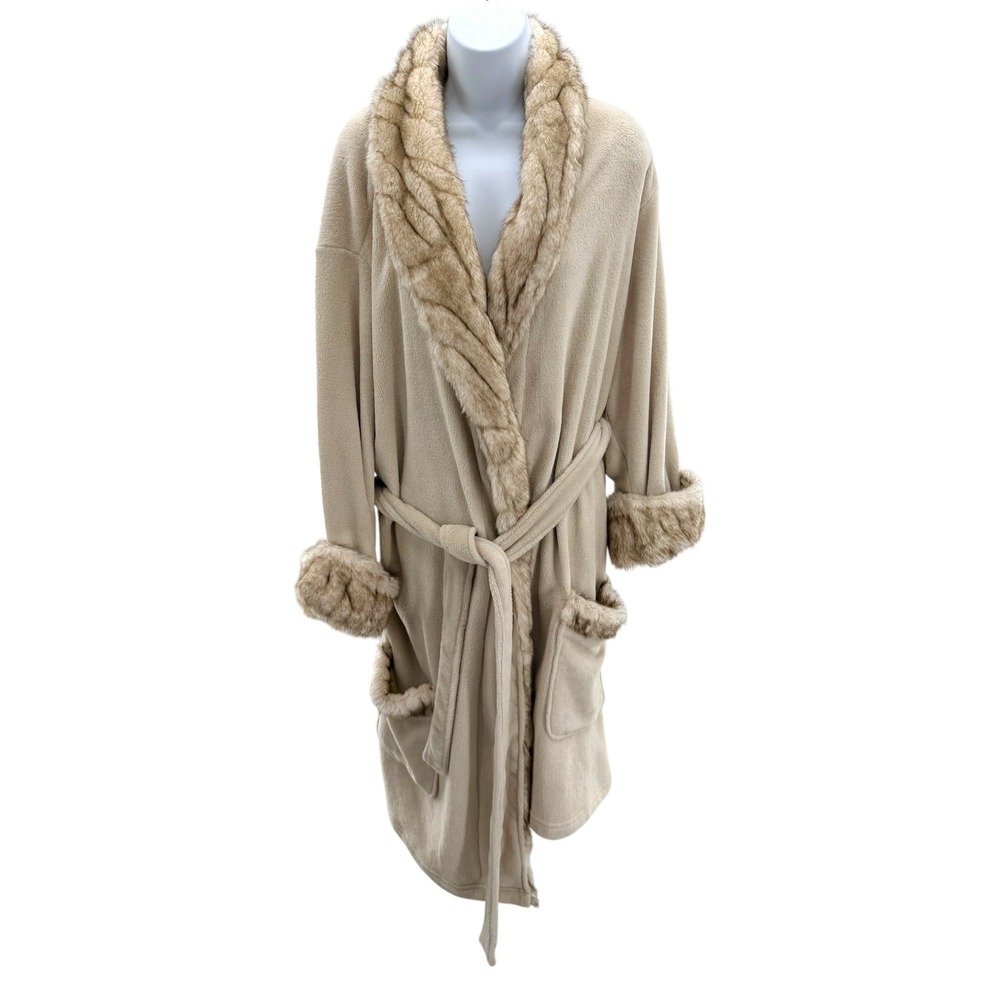 Pottery Barn Alpaca Faux Fur Trim Fleece Robe XL Tan Camel Bathrobe Spa Cozy